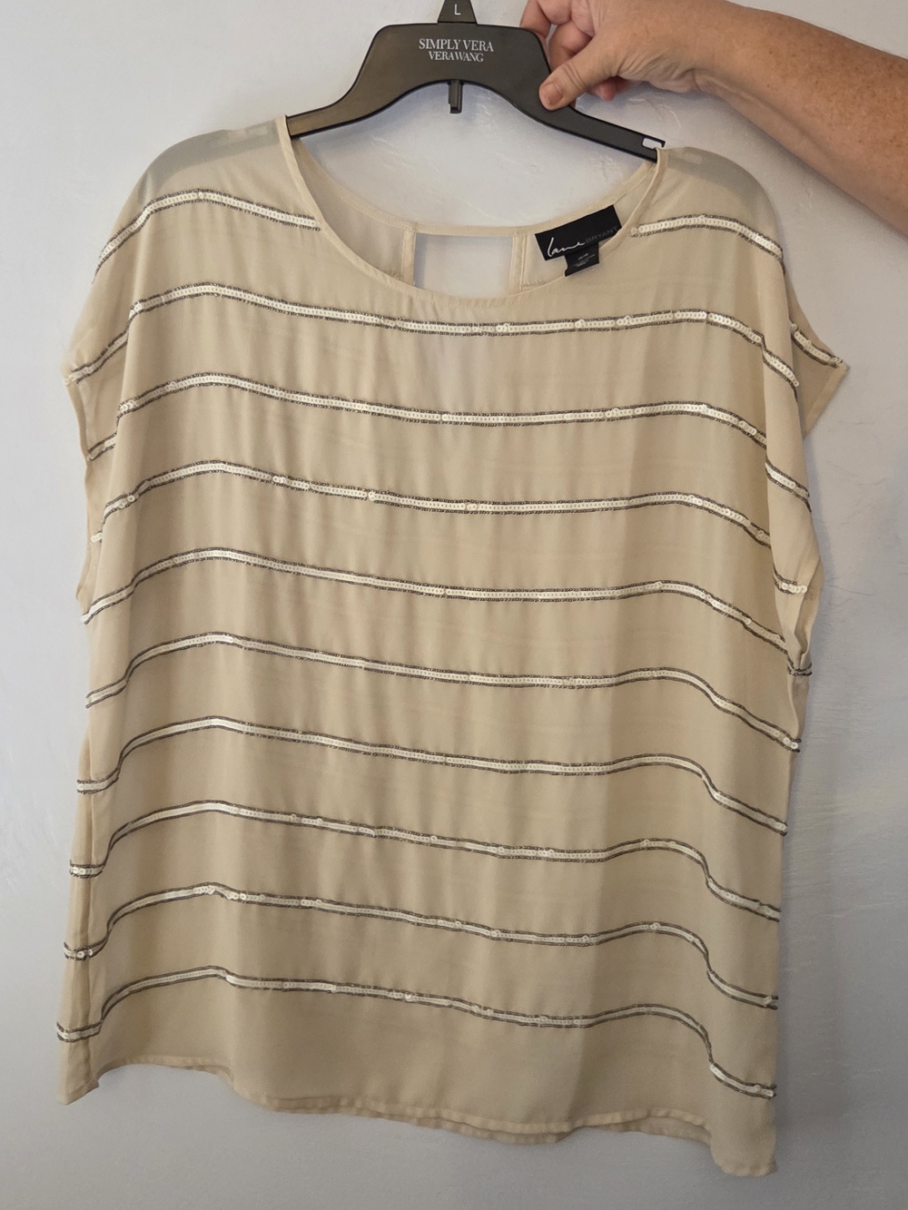 Lane Bryant Beige Metallic-Striped Short Sleeve Blouse